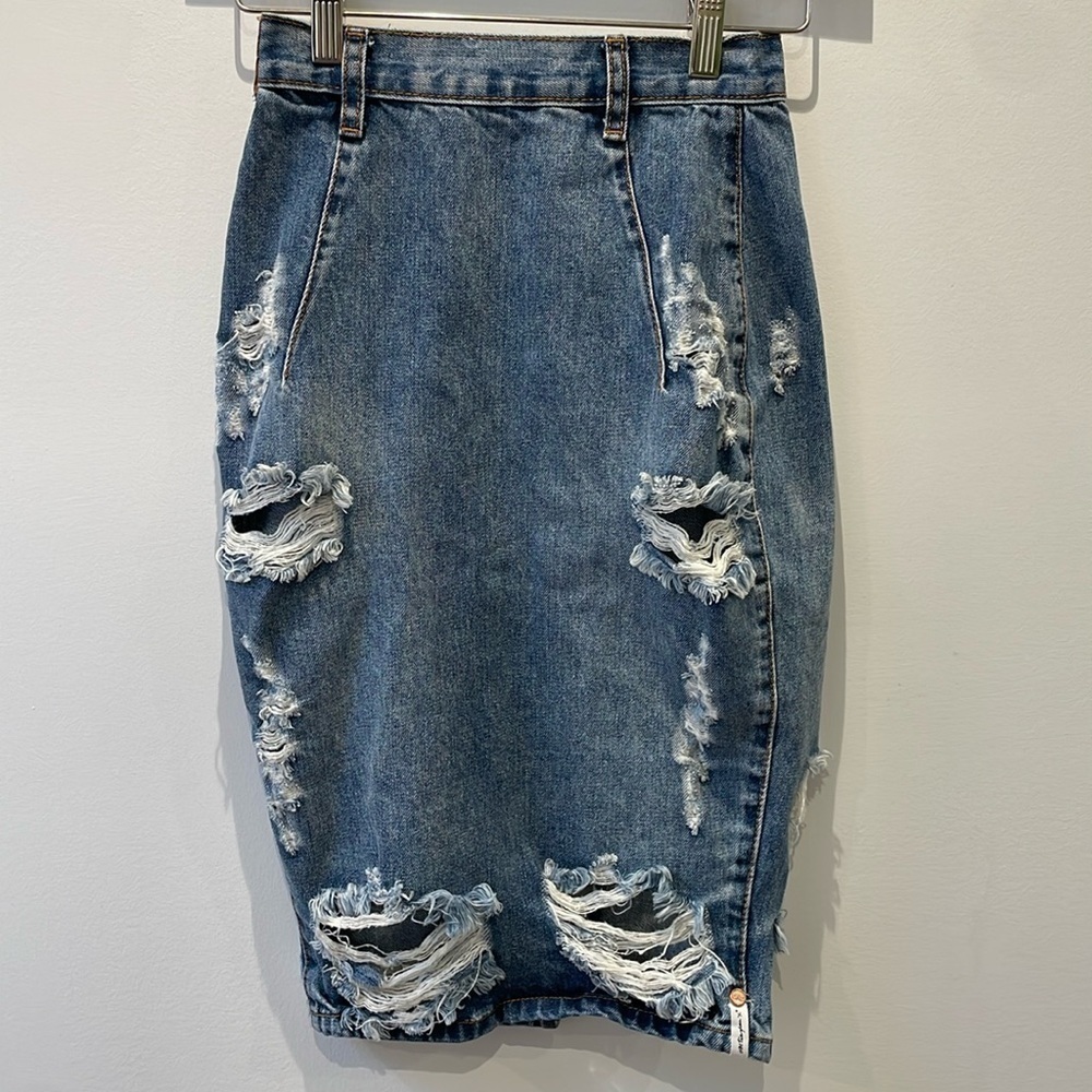 One Teaspoon Freelove Vintage Blue distressed ripped Denim Pencil Skirt 22